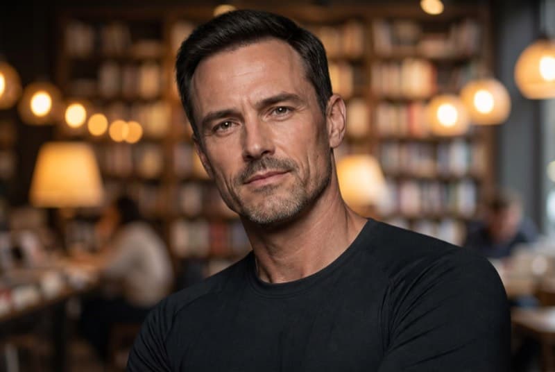Man in his forties in a library