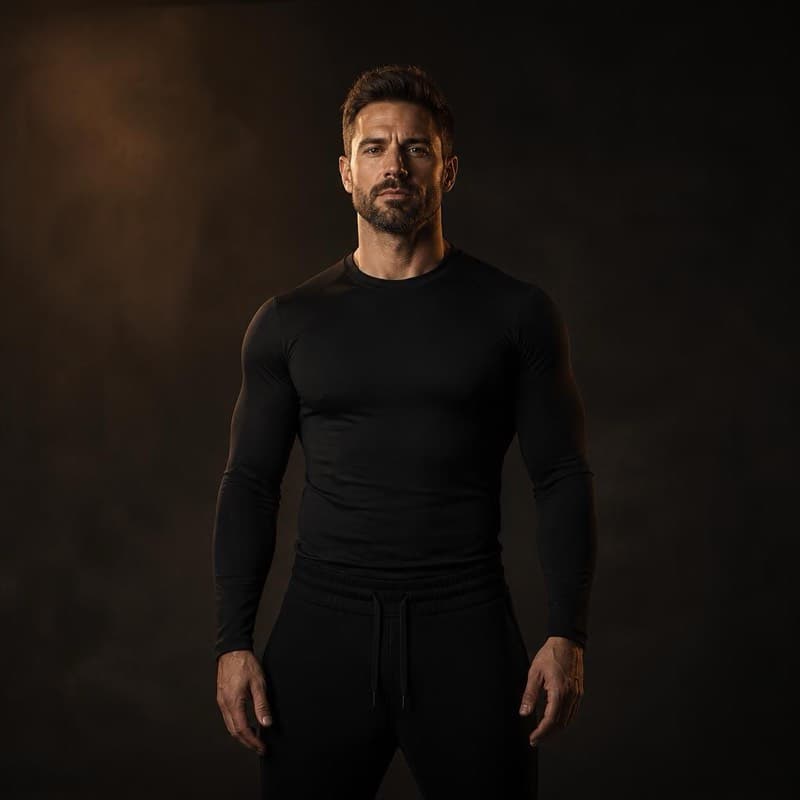 Man in black training kit standing against a dark studio wall