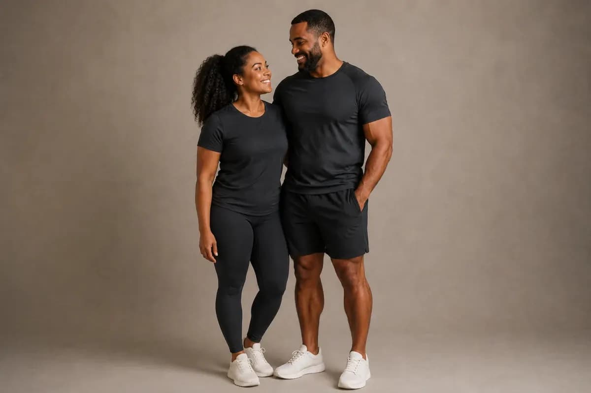 Two people in dark athletic wear standing together against a neutral studio wall