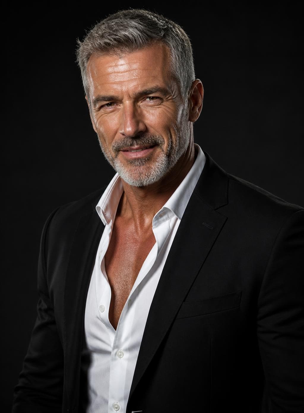 Grey-haired man in a black suit and open white shirt against a dark studio background