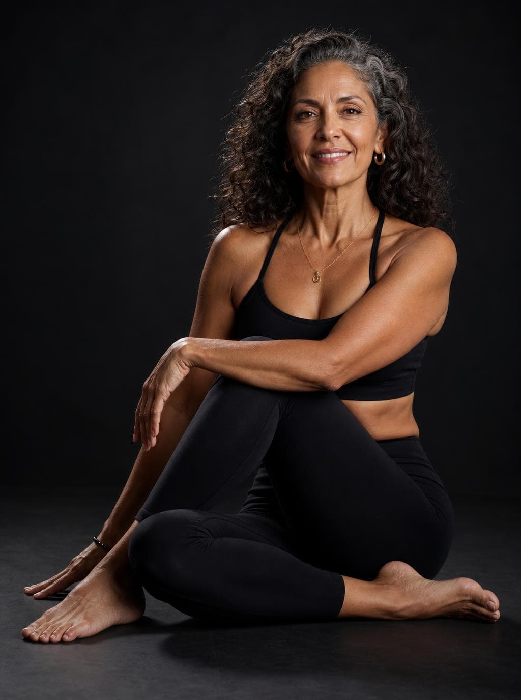Woman with curly grey-streaked hair sitting in black athletic wear against a dark studio background