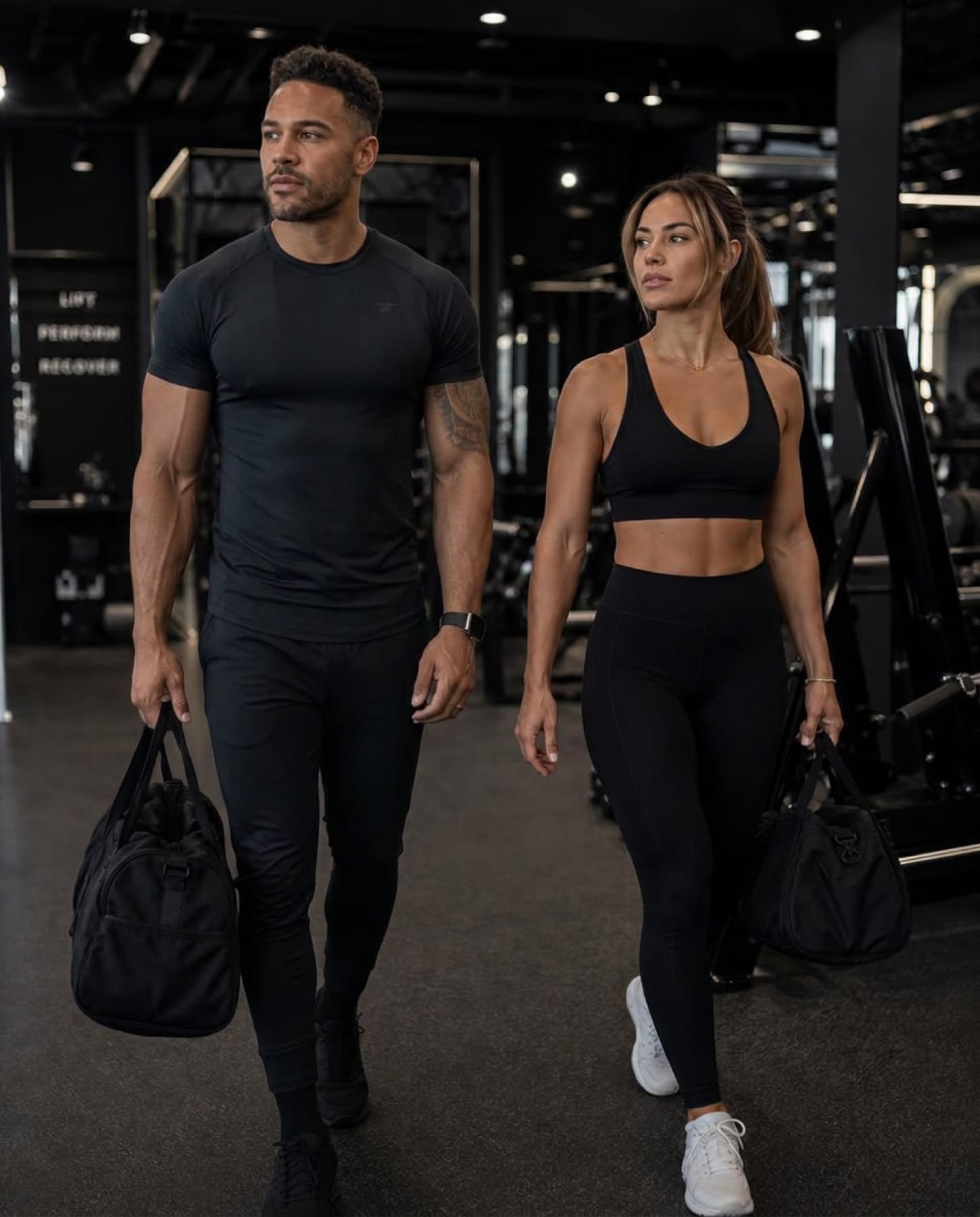 Two people in black athletic wear walking through a gym with duffel bags