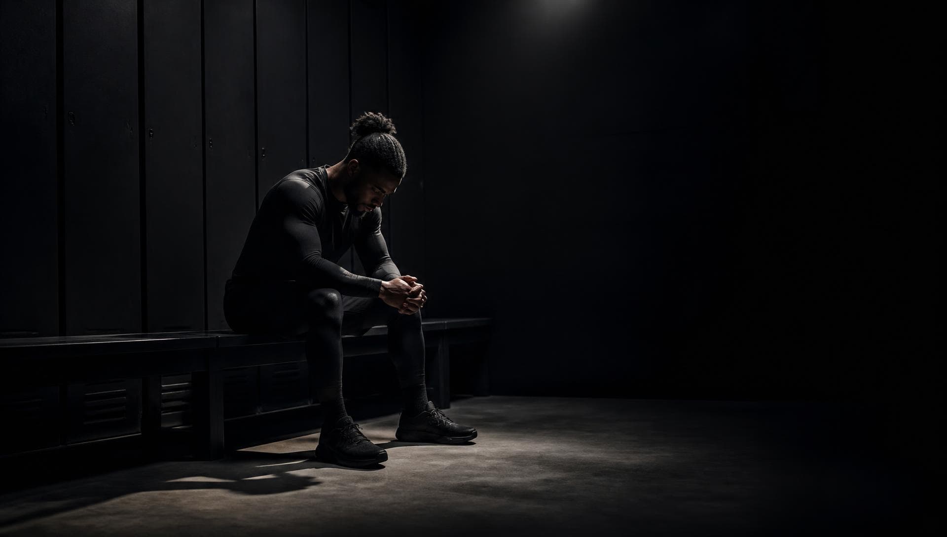 An athlete seated alone in a dark locker room before training